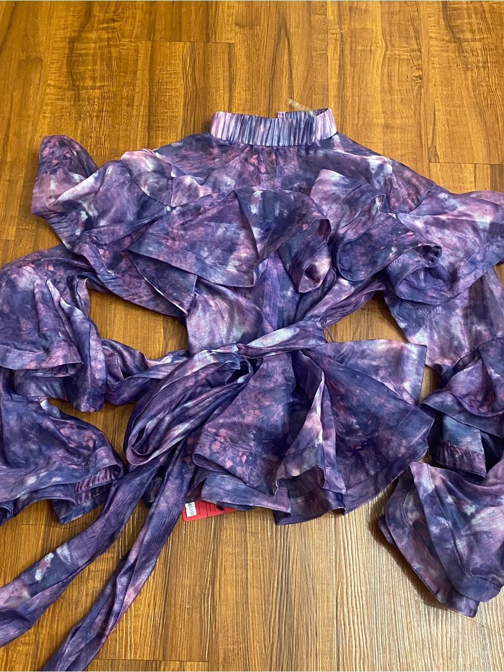 New Ladies Tie-Dye Purple Ruffle Wrap Blouse